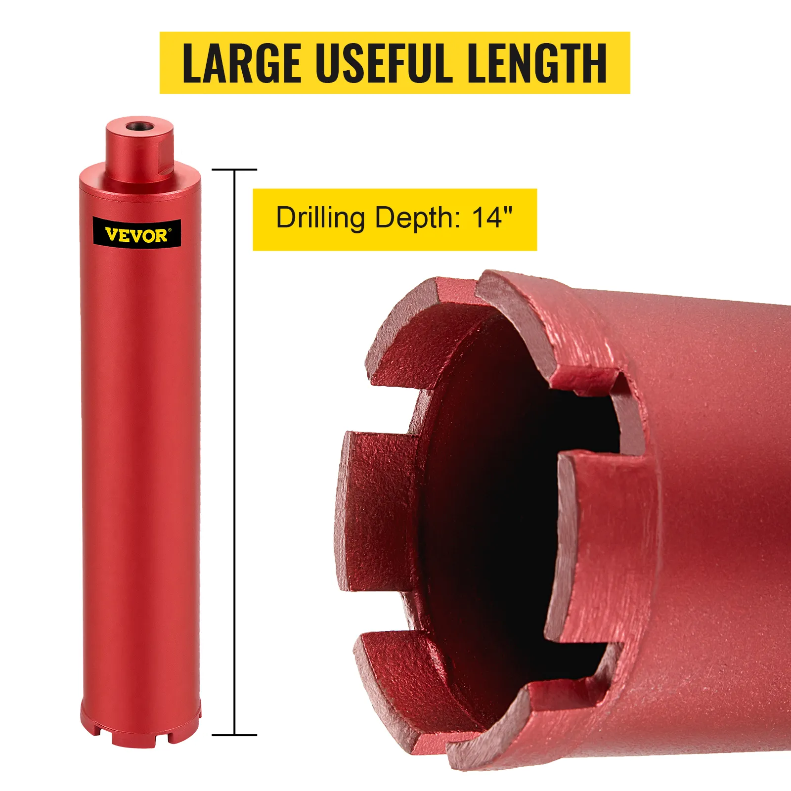 VEVOR diamond core drill bit, red, 14-inch drilling depth, large useful length.