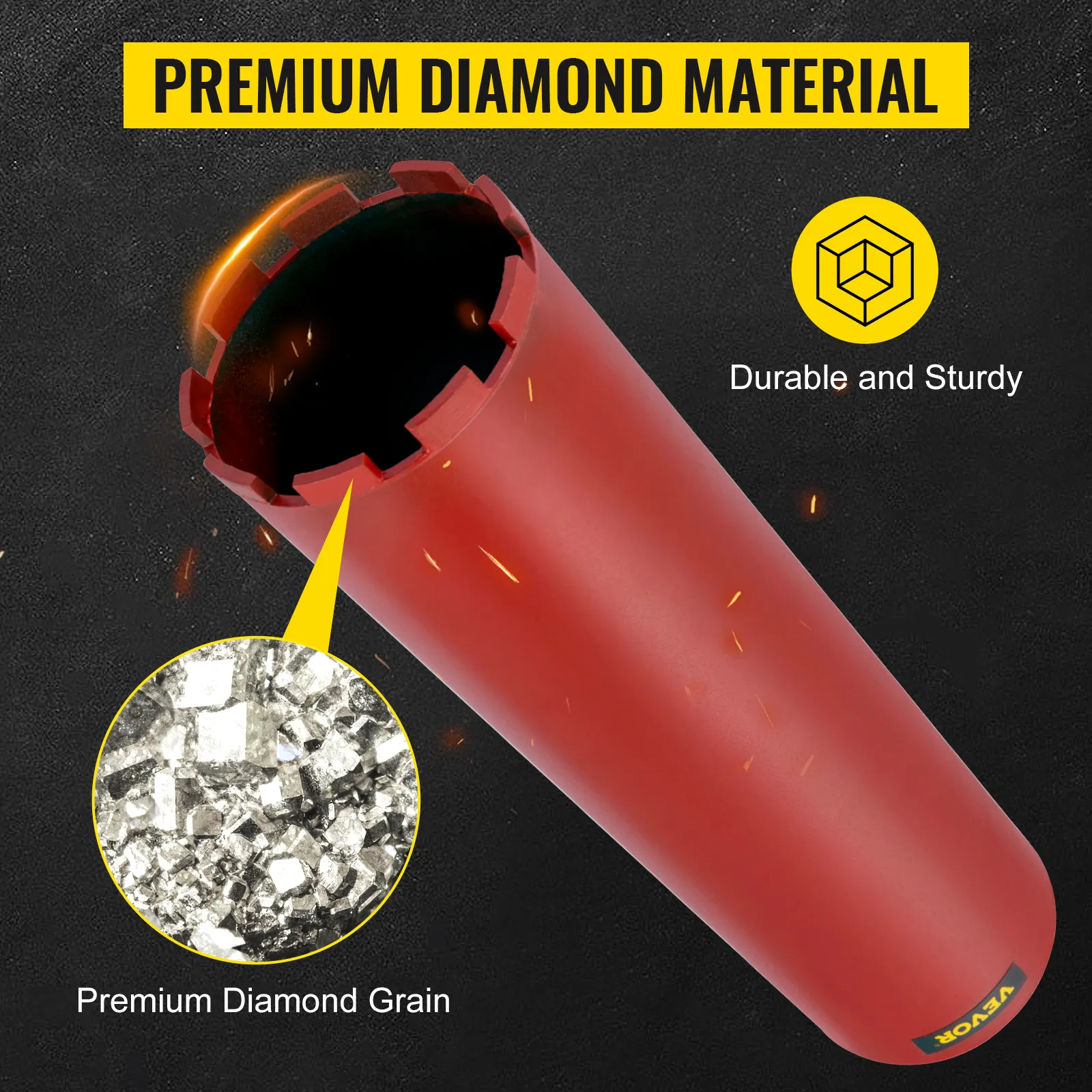 VEVOR diamond core drill bit highlighting premium diamond material and durability.
