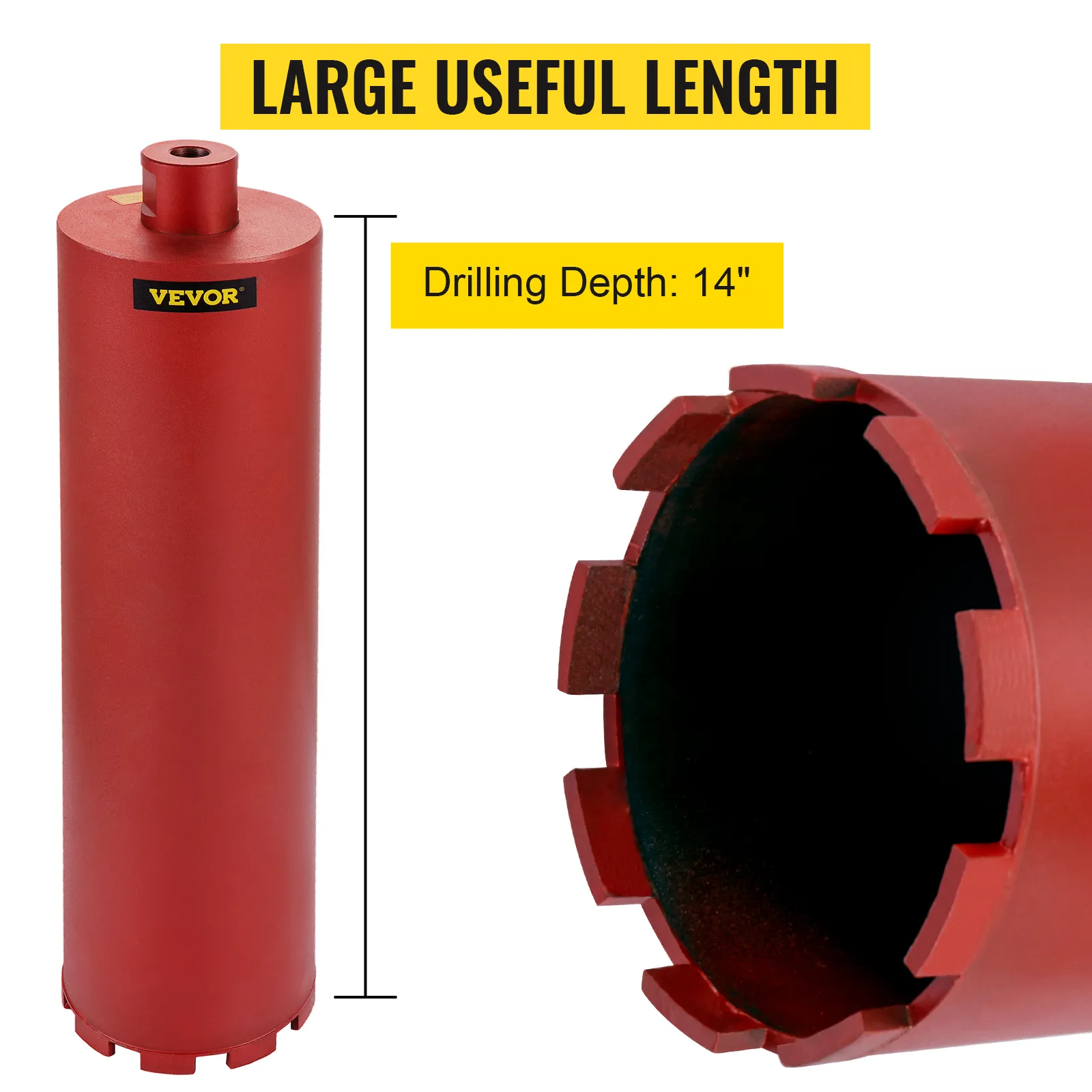 VEVOR diamond core drill bit with 14-inch drilling depth in red. large useful length.