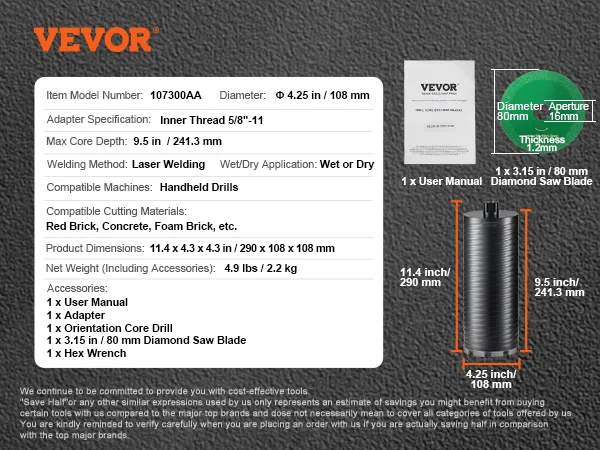 VEVOR diamond core drill bit, 4.25" diameter, 9.5" max depth for handheld drills, wet or dry use.
