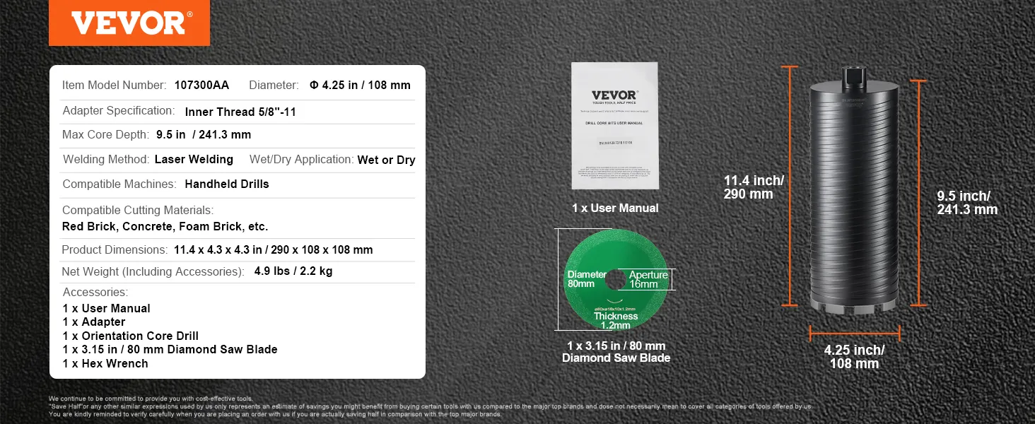 VEVOR diamond core drill bit, 4.25" diameter, 9.5" max depth for handheld drills, wet or dry use.