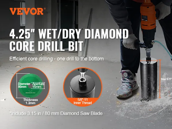 VEVOR diamond core drill bit – 4.25" wet/dry drill bit in action. includes 3.15 in/80 mm diamond saw blade.
