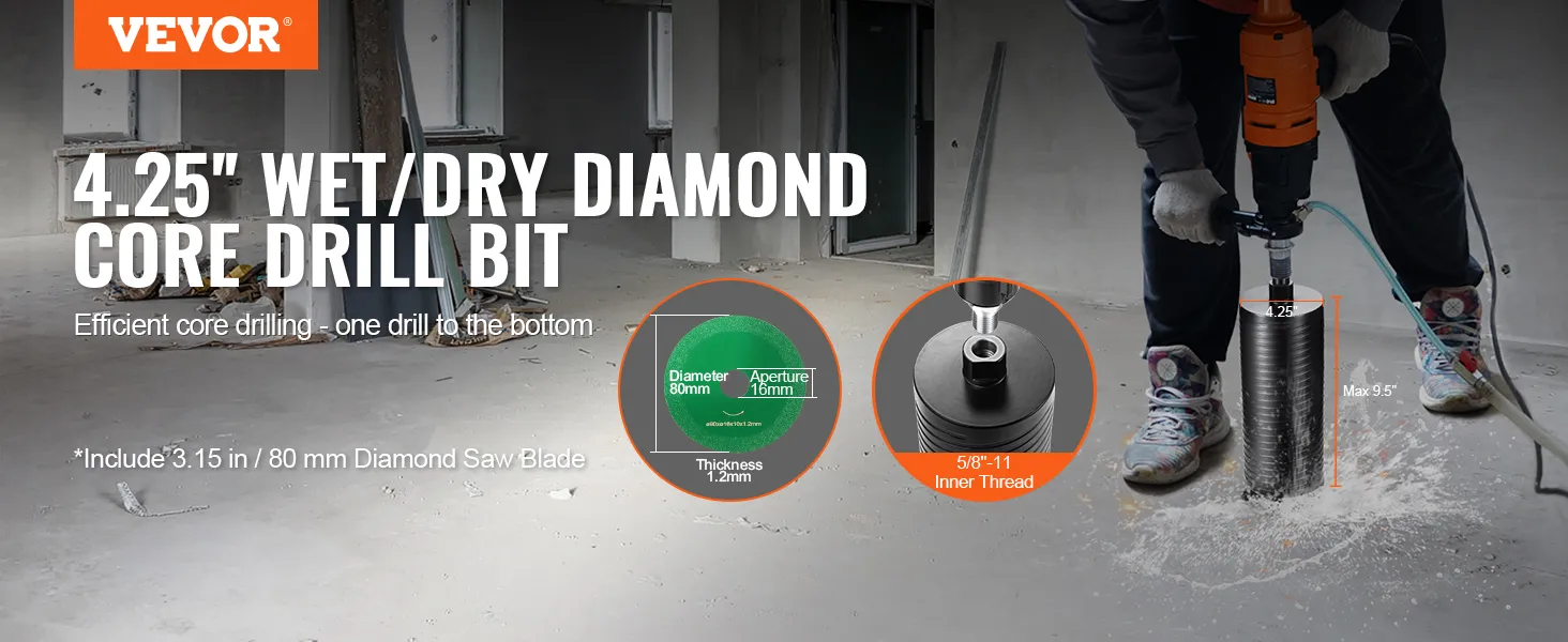 VEVOR diamond core drill bit – 4.25" wet/dry drill bit in action. includes 3.15 in/80 mm diamond saw blade.