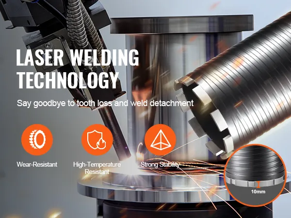 laser welding technology with VEVOR diamond core drill bit, highlighting wear-resistant and high-temp performance.