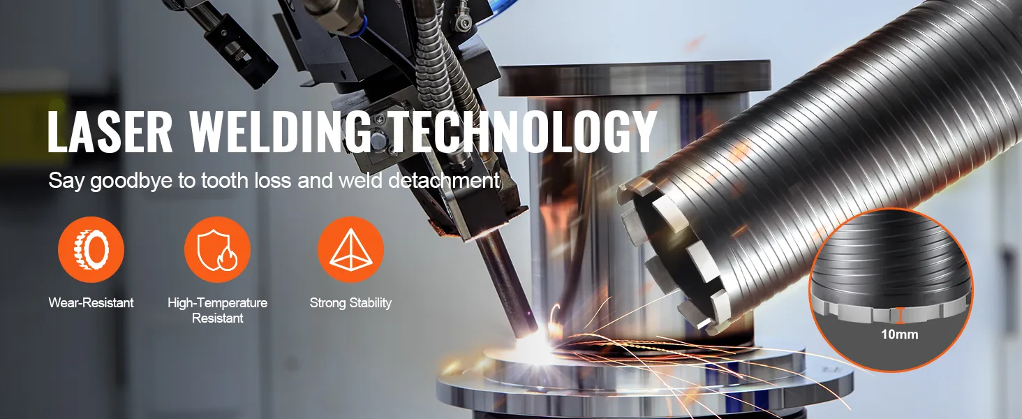 laser welding technology with VEVOR diamond core drill bit, highlighting wear-resistant and high-temp performance.