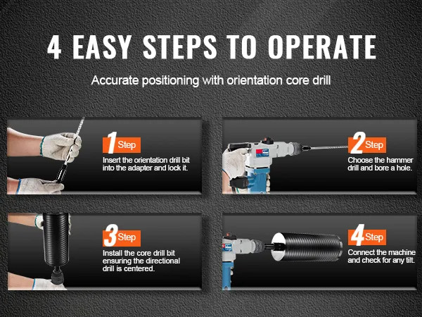 4 steps demonstrating how to use a VEVOR diamond core drill bit for precise drilling tasks.