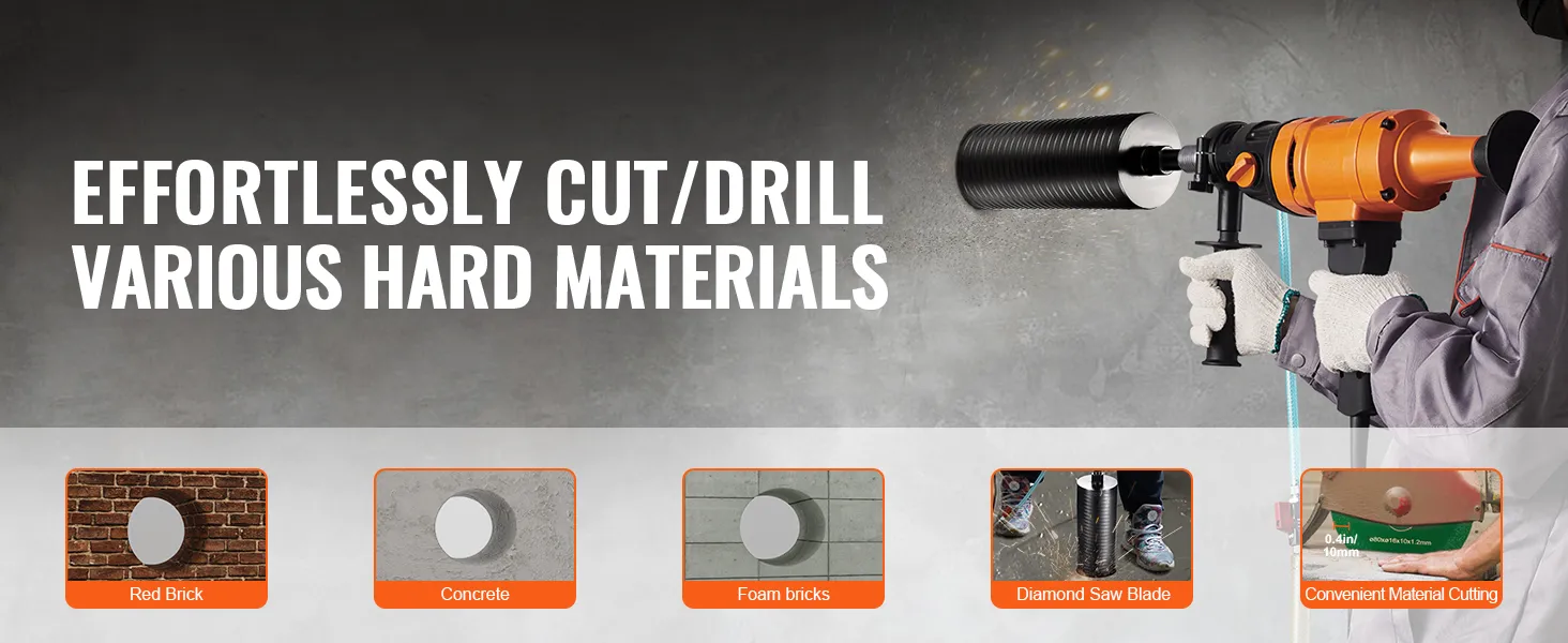 VEVOR diamond core drill bit drilling through concrete with examples of materials: brick, foam, and blade.