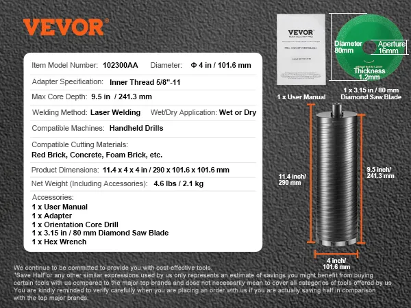 VEVOR diamond core drill bit overview, model 102300aa, 4-inch diameter, max depth 9.5 inches, with accessories.