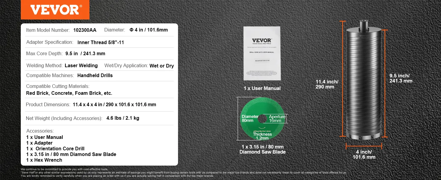 VEVOR diamond core drill bit overview, model 102300aa, 4-inch diameter, max depth 9.5 inches, with accessories.