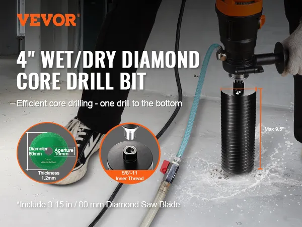 VEVOR diamond core drill bit in use for efficient wet/dry drilling on a concrete floor.