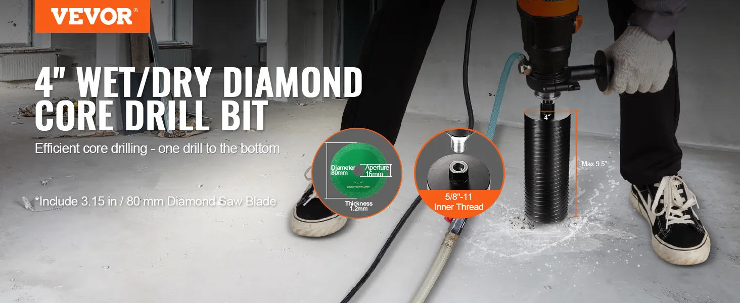VEVOR diamond core drill bit in use for efficient wet/dry drilling on a concrete floor.