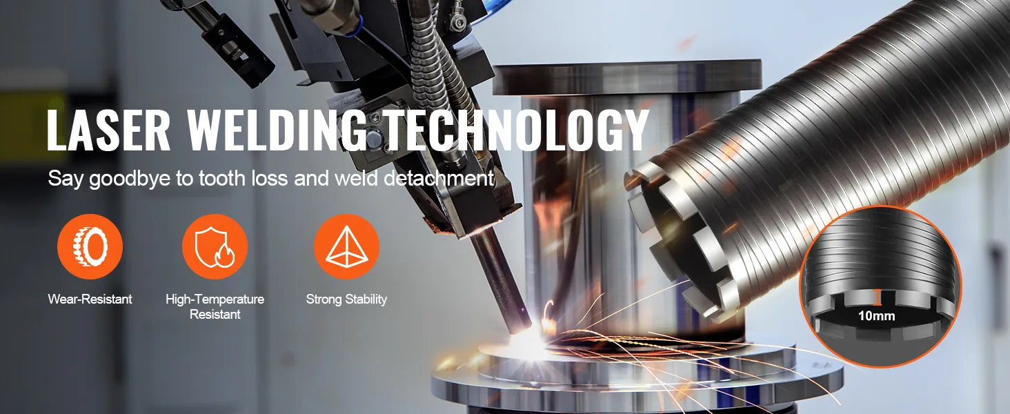 laser welding technology on industrial equipment, highlighting wear resistance and stability of VEVOR diamond core drill bit.