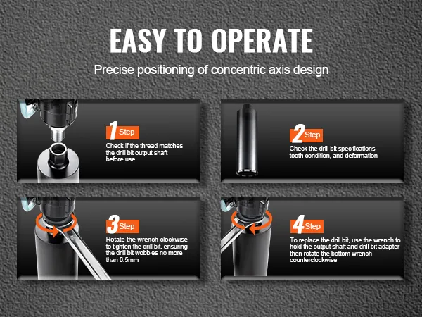 VEVOR core drill bit easy setup guide: check thread, specs, tighten with wrench, replace bit easily.