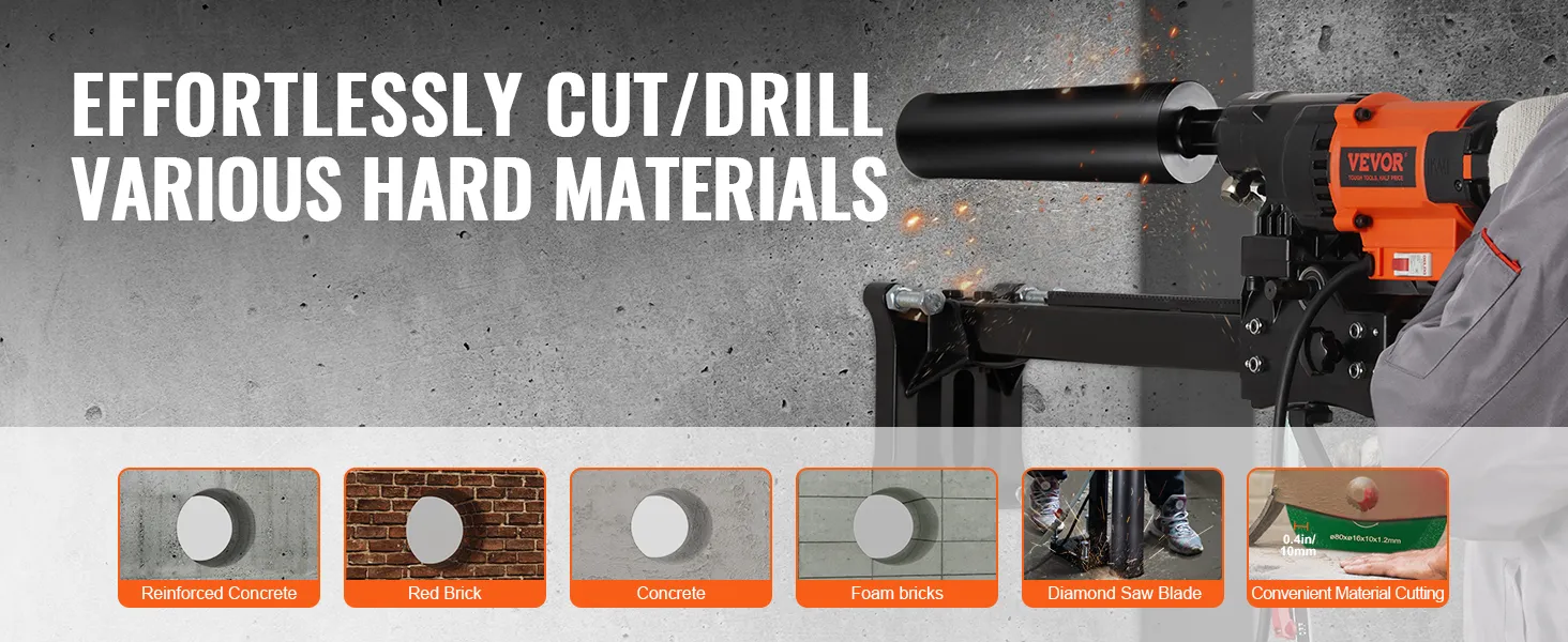 effortlessly cut/drill various hard materials with VEVOR core drill bit for reinforced concrete, bricks, and more.