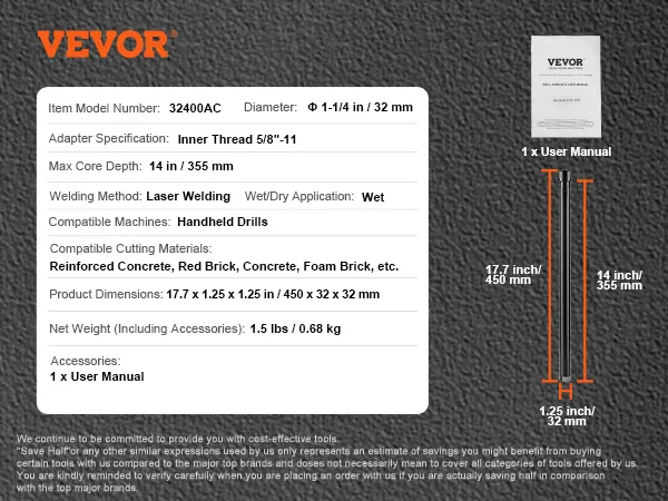 VEVOR diamond core drill bit details: 14in depth, laser-welded, 1.5 lbs weight, 17.7in length, user manual.