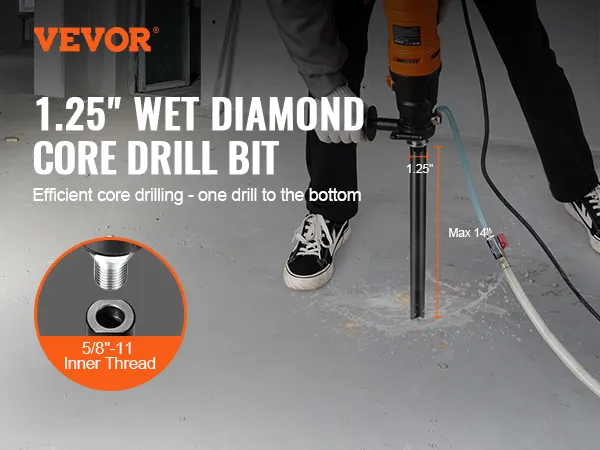 VEVOR diamond core drill bit 1.25", efficient wet core drilling, 5/8"-11 inner thread, max 14" depth.