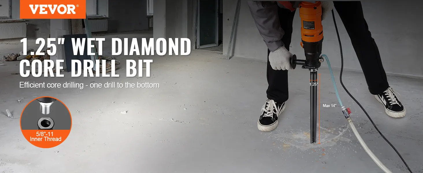 VEVOR diamond core drill bit 1.25", efficient wet core drilling, 5/8"-11 inner thread, max 14" depth.