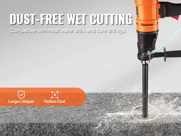 VEVOR diamond core drill bit performing dust-free wet cutting on concrete surface.