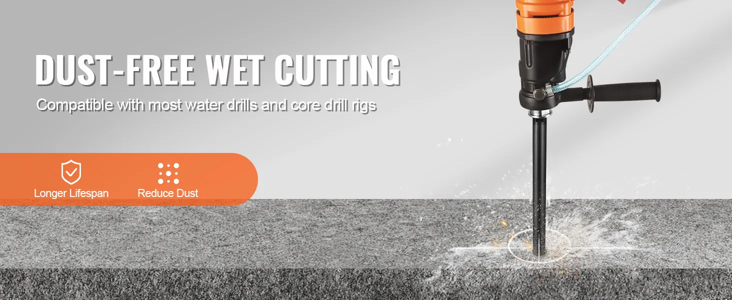 VEVOR diamond core drill bit performing dust-free wet cutting on concrete surface.