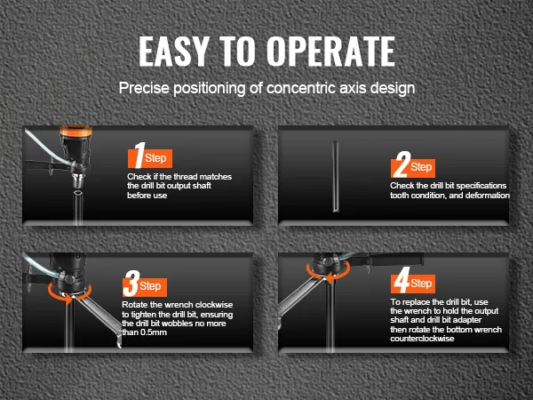 easy-to-operate VEVOR diamond core drill bit with 4-step setup process for precise axis positioning.