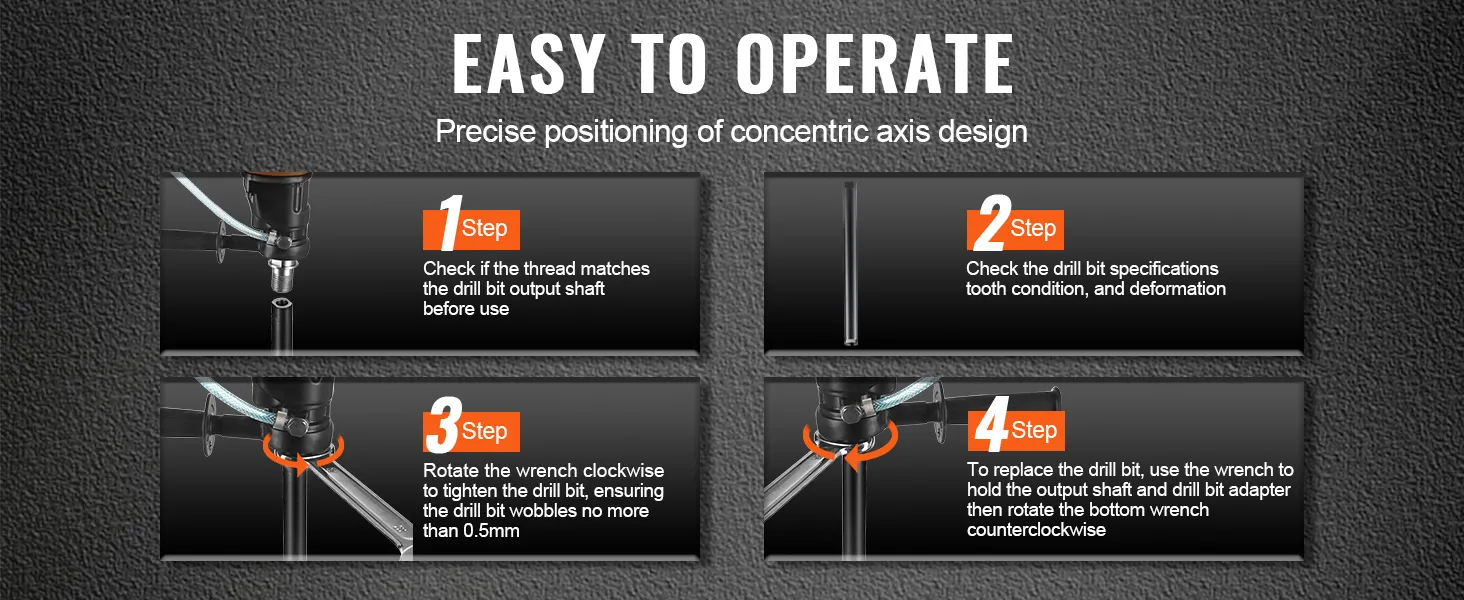 easy-to-operate VEVOR diamond core drill bit with 4-step setup process for precise axis positioning.