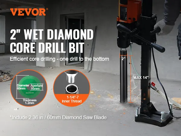 VEVOR diamond core drill bit in-use, showcasing specifications and efficient core drilling process.