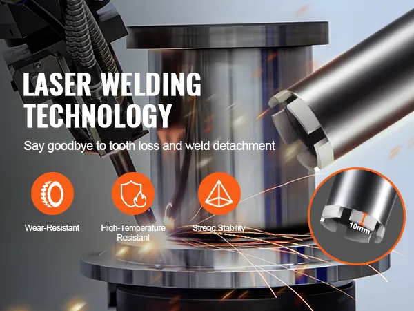 laser welding with VEVOR diamond core drill bit, showcasing wear resistance, high-temp resistance, stability.
