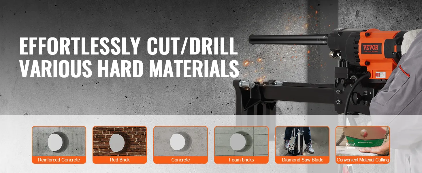 VEVOR diamond core drill bit effortlessly cuts concrete, brick, foam, reinforced concrete, and other materials.