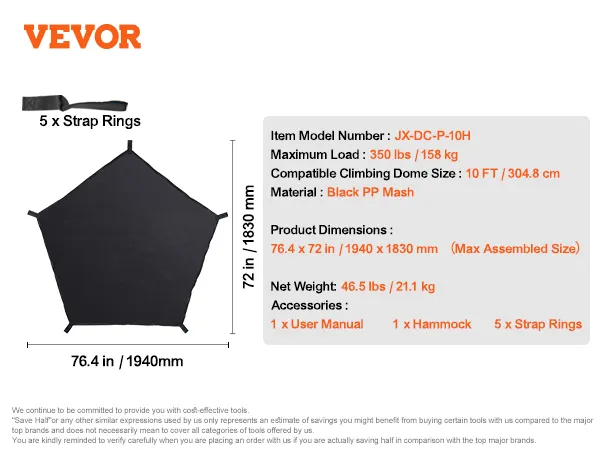 VEVOR dome climber hammock, 76.4"x72", black pp mesh, with 5 strap rings, max load 350 lbs.