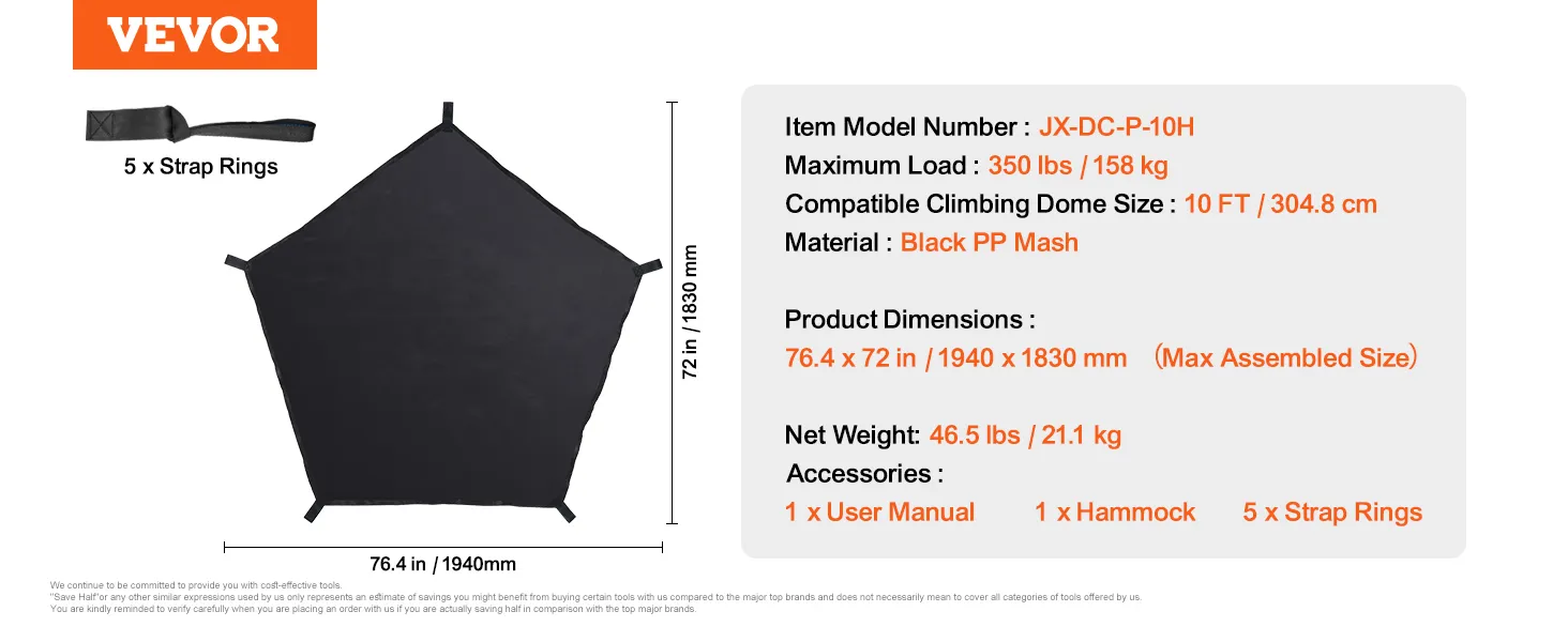 VEVOR dome climber hammock, 76.4"x72", black pp mesh, with 5 strap rings, max load 350 lbs.