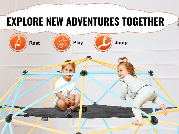 kids playing and resting on a VEVOR dome climber hammock in a cozy indoor setting with a "play, rest, jump" banner.