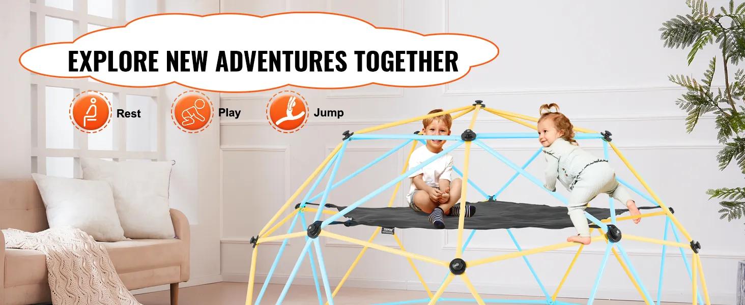 kids playing and resting on a VEVOR dome climber hammock in a cozy indoor setting with a "play, rest, jump" banner.