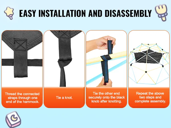 VEVOR dome climber hammock easy installation: thread straps, tie a knot, secure onto knob, complete setup.