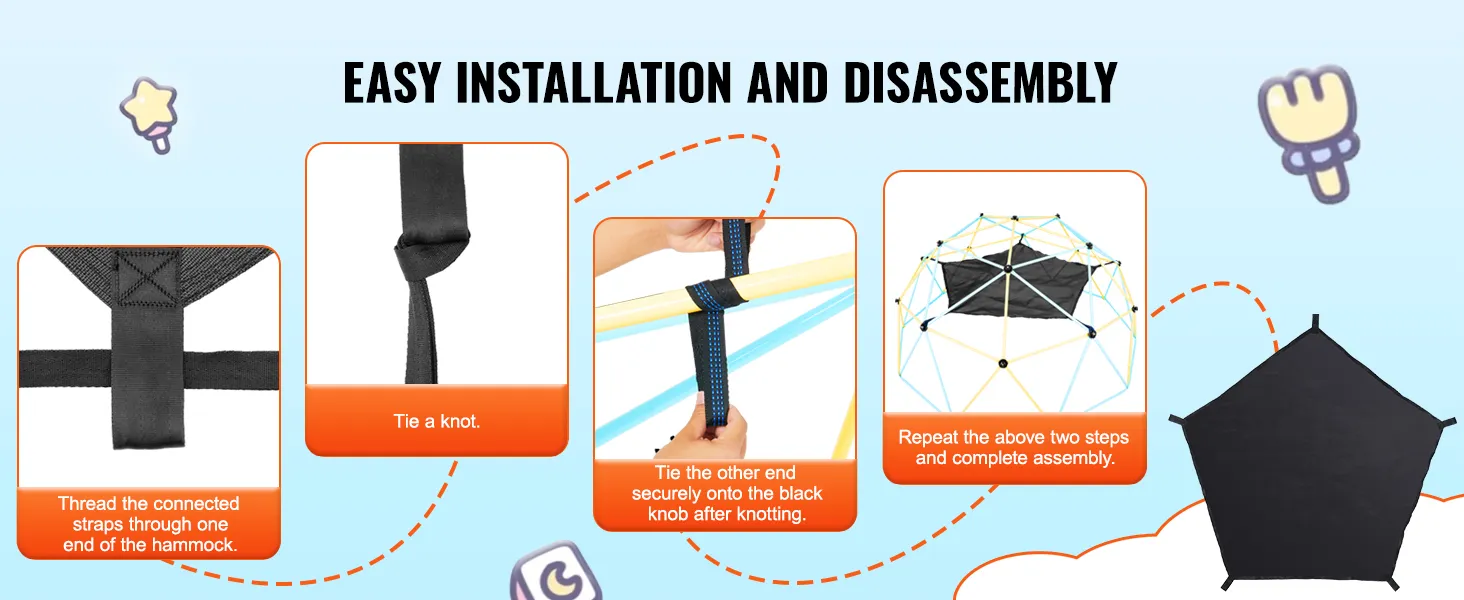 VEVOR dome climber hammock easy installation: thread straps, tie a knot, secure onto knob, complete setup.