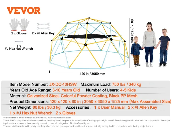 Cupola da arrampicata VEVOR, carico massimo di 344 kg, per 4-5 bambini, per età compresa tra 3 e 10 anni, include attrezzi e guanti.
