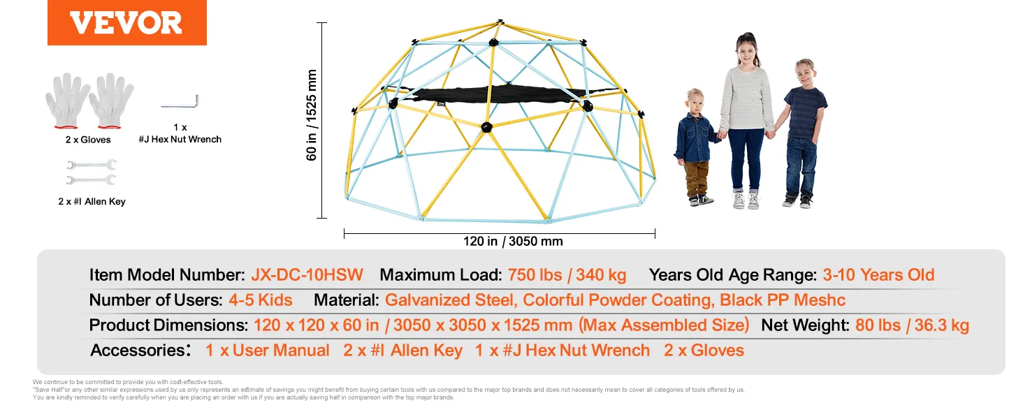 Cupola da arrampicata VEVOR, carico massimo di 344 kg, per 4-5 bambini, per età compresa tra 3 e 10 anni, include attrezzi e guanti.