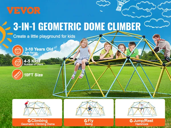 Cupola da arrampicata VEVOR per bambini, un parco giochi 3 in 1 che offre attività di arrampicata, altalena e riposo.