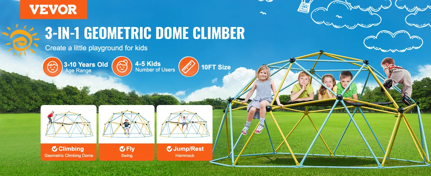 Cupola da arrampicata VEVOR per bambini, un parco giochi 3 in 1 che offre attività di arrampicata, altalena e riposo.