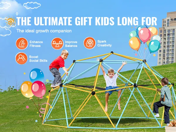 bambini che giocano su una colorata cupola da arrampicata VEVOR in un parco, migliorando la forma fisica e la creatività.