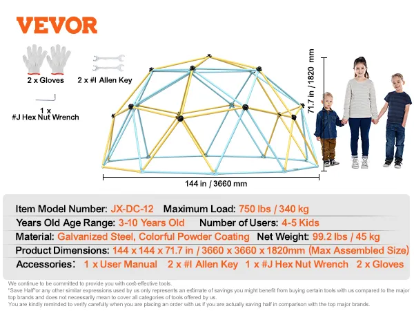 VEVOR climbing dome with galvanized steel, dimensions 144x144x71.7 inches, for 4-5 kids aged 3-10 years.