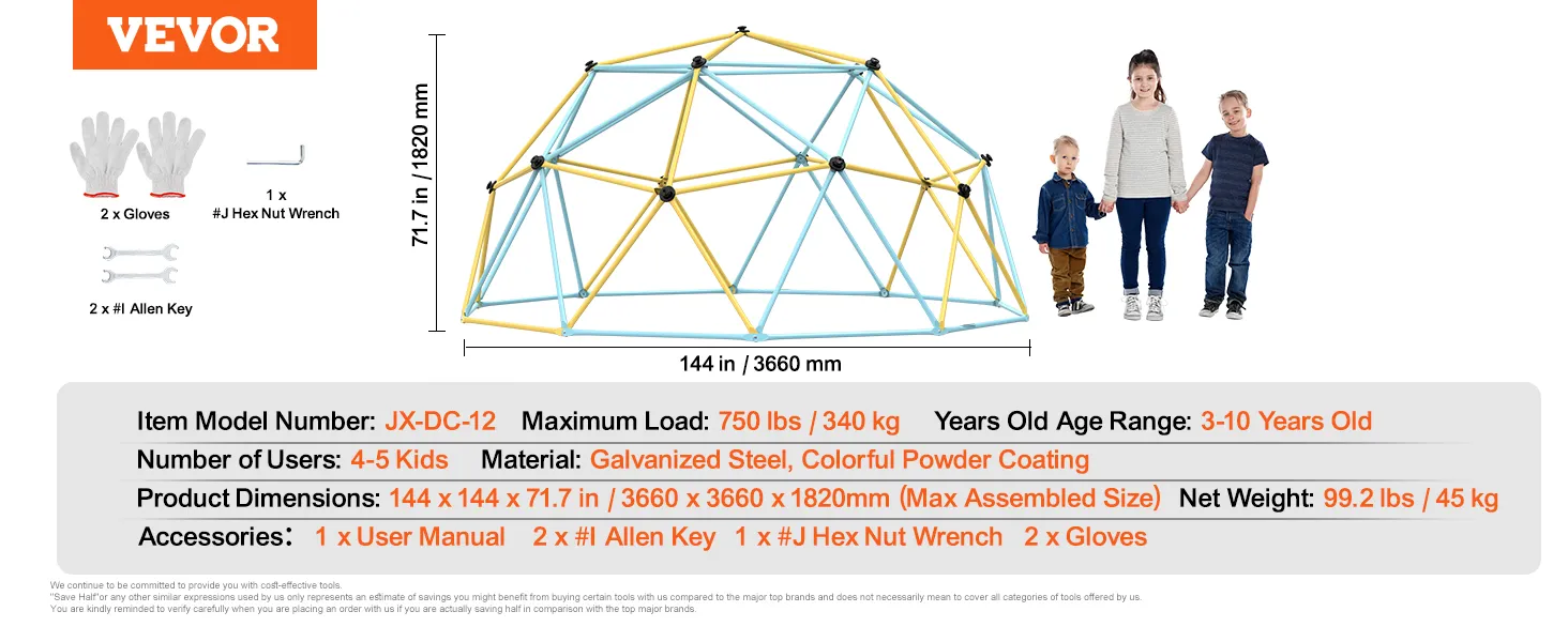 VEVOR climbing dome with galvanized steel, dimensions 144x144x71.7 inches, for 4-5 kids aged 3-10 years.