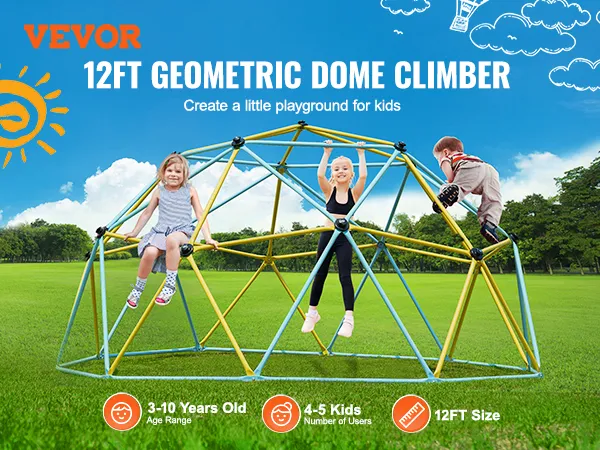 VEVOR climbing dome in a park with kids playing on a 12ft geometric structure, blue sky, and green grass.