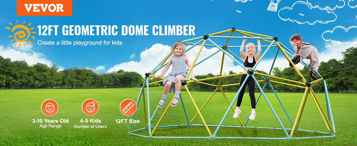 VEVOR climbing dome in a park with kids playing on a 12ft geometric structure, blue sky, and green grass.