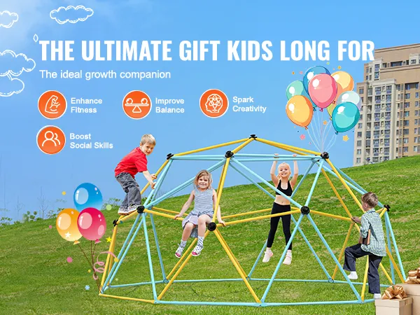 kids playing on a VEVOR climbing dome in a park, promoting fitness, balance, creativity, and social skills.