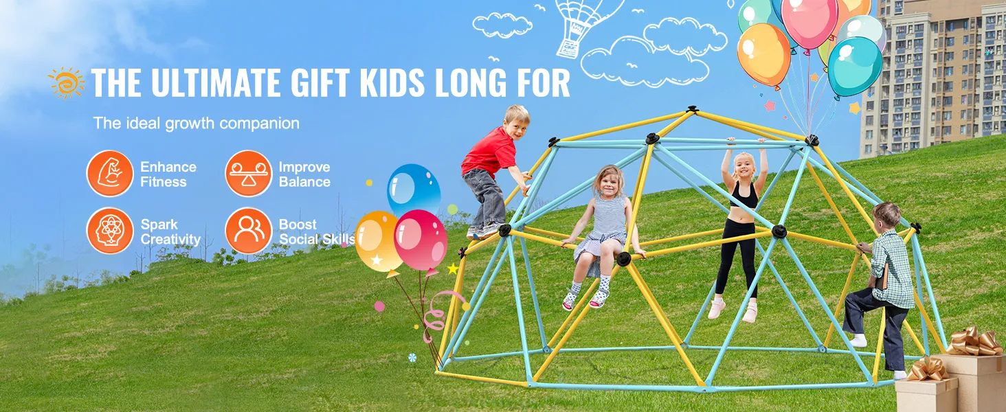 kids playing on a VEVOR climbing dome in a park, promoting fitness, balance, creativity, and social skills.