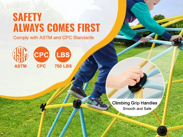 child climbing VEVOR climbing dome with grip handles. safety standards: astm, cpc, 750 lbs capacity.