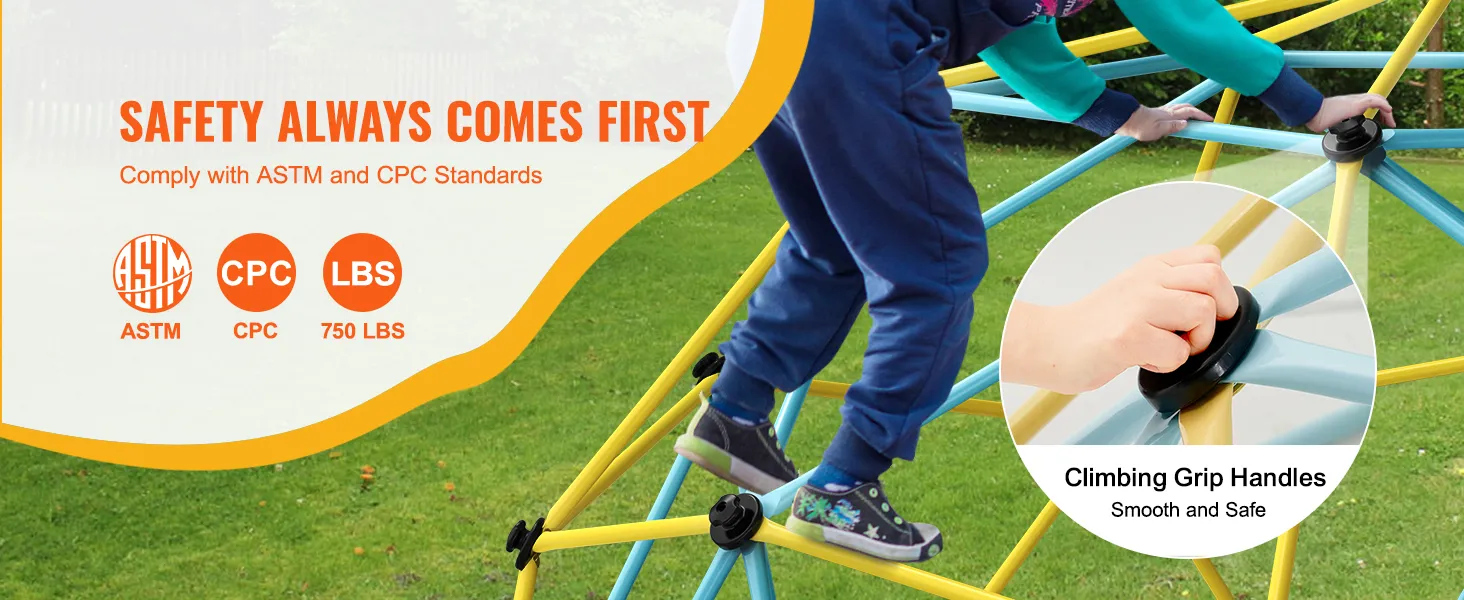 child climbing VEVOR climbing dome with grip handles. safety standards: astm, cpc, 750 lbs capacity.
