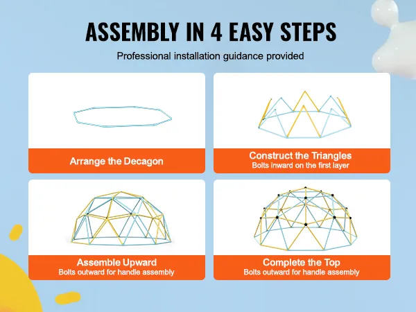 assembly steps for VEVOR climbing dome: arrange the decagon, construct triangles, assemble upward, complete top.