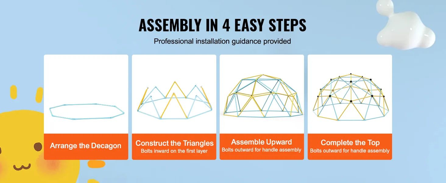 assembly steps for VEVOR climbing dome: arrange the decagon, construct triangles, assemble upward, complete top.