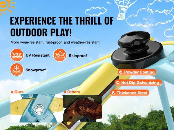 VEVOR climbing dome: uv resistant, rainproof, snowproof, wear-resistant, rust-proof, and weather-resistant.